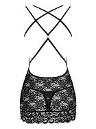 Skin-tight chemise, rhinestones, straps over bust, floral lace